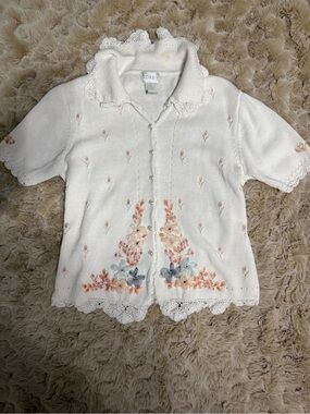 Vintage Koret White Floral Knit Button-Up Sweater